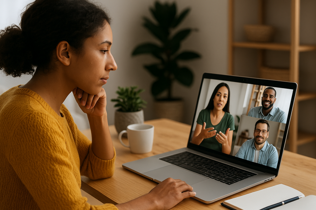 Mujer extranjera participando en un taller psicológico online por videoconferencia, simbolizando accesibilidad, acompañamiento y conexión emocional a distancia.