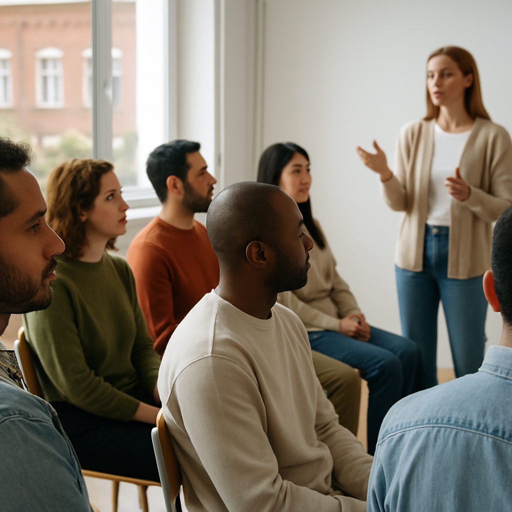 Grupo diverso de personas migrantes escuchando atentamente una conferencia en una sala luminosa, simbolizando aprendizaje, adaptación emocional y acompañamiento psicológico.
